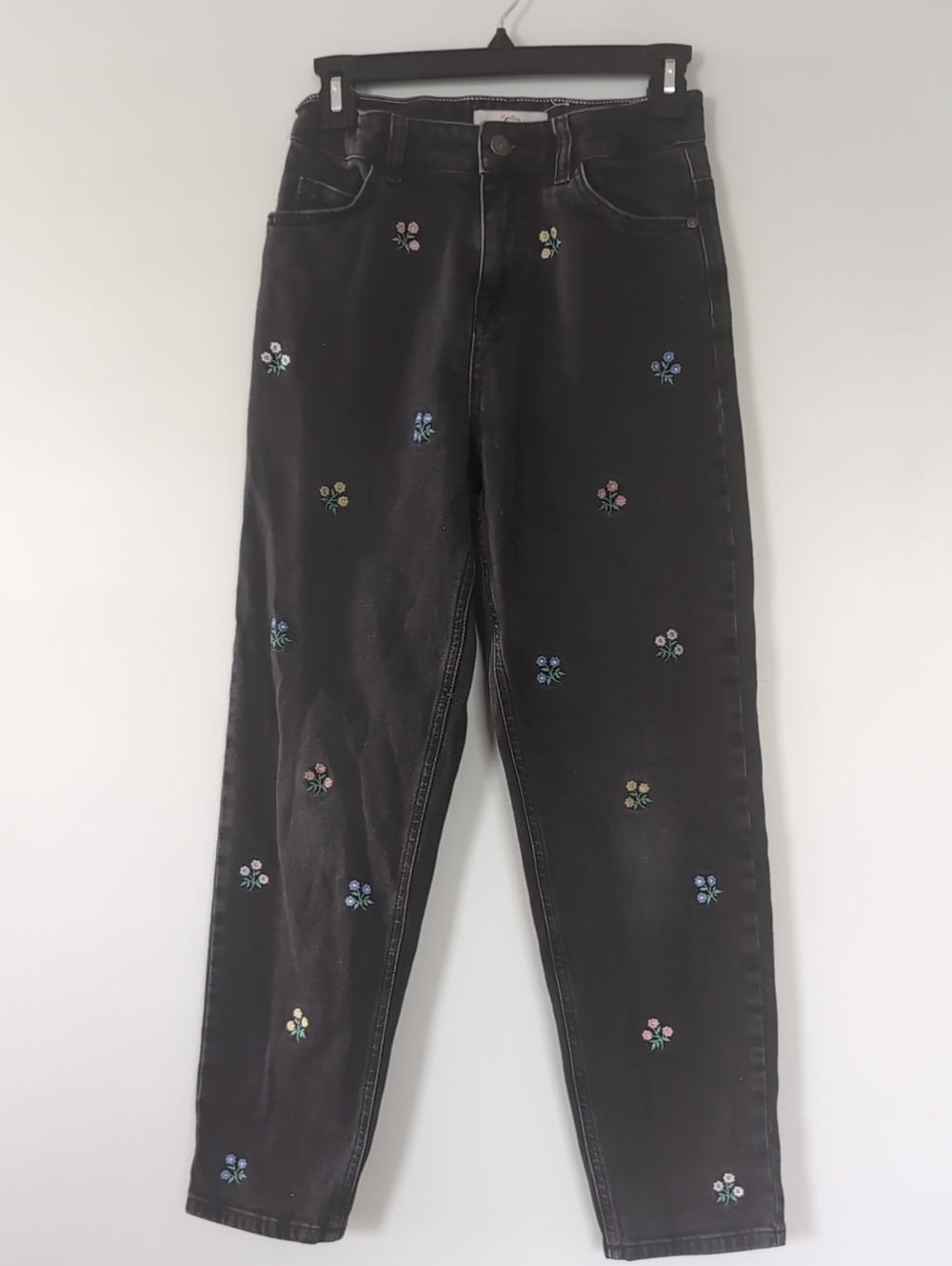 Mini Boden Black Jeans with Pastel Floral Embroidery